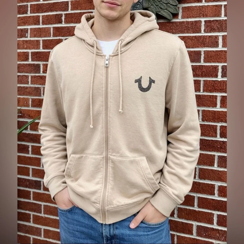 True Religion Hoodie Tan w/Brown Full Zip Men's Size Medium